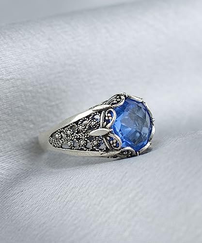 Filigranist 925 Sterling Silver Filigree Art Women Mini Dome Cocktail Ring with Gemstone, Gift Boxed - color: Blue Quartz