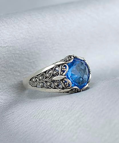 Filigranist 925 Sterling Silver Filigree Art Women Mini Dome Cocktail Ring with Gemstone, Gift Boxed - color: Blue Quartz