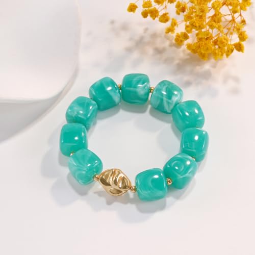 VIBILIA Chunky Beaded Bracelet for Women Multicolor Big Resin Acrylic Bead Elastic Stretch Bracelet, Trendy Statement Bracelets Boho Summer Beach Vacation Charm Jewelry - color: Square-Green