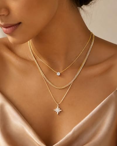 Gold Necklace Stack, Layered Gold Necklaces for Women Jewelry Set | 14K Gold Plated, Separate Chains, Pendant, Dainty, Non Tarnish, Delicate, Chain, Multi, Gift - color: 3 Layer-North Star Gold