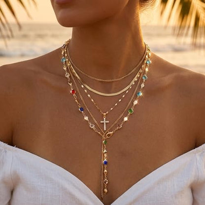 QCWN Gold Layered stacked Necklaces for women 3PS Chunky Statement Necklaces Stack Mixed Metal Charm Necklace for Women Trendy Coin Jewelry Gift for Her Gifts - style: Layered stack 10