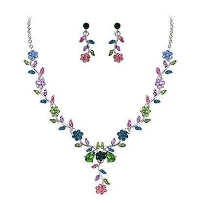 Women's Wedding Jewelry Set for Bride,Prom Bridal Accessories | Bling Crystal,Flower Leaf Cluster,Dangle Earrings Pendant Necklace Set,for Bridesmaid,Party Jewellery - color: 15-Multi Colour Silver-Tone