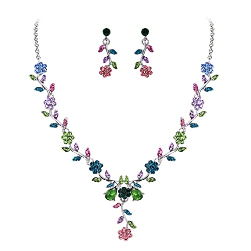 Women's Wedding Jewelry Set for Bride,Prom Bridal Accessories | Bling Crystal,Flower Leaf Cluster,Dangle Earrings Pendant Necklace Set,for Bridesmaid,Party Jewellery - color: 15-Multi Colour Silver-Tone