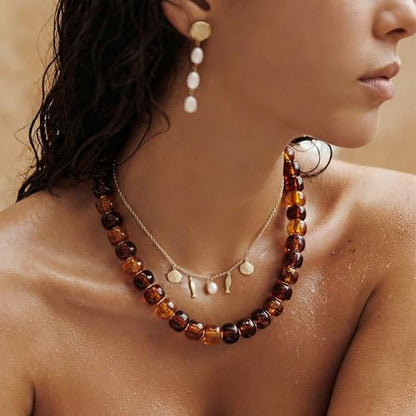 Chunky Beaded Necklace for Women, Colorful Boho Statement Necklace, Gold Chunky Resin Large Bead Necklace, Waterproof Summer Beach Jewelry Gifts for Women - color: Amber