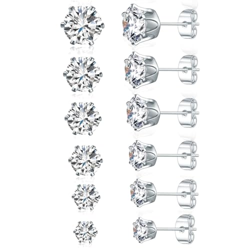 6 Pairs Cubic Zirconia Stud Earrings for Women/Men - Round Cut 4 Prong Settings 18K Gold Plated Hypoallergenic 3-8mm Clear Earrings Set - color: 3-8mm White Gold - Round 6 Prong