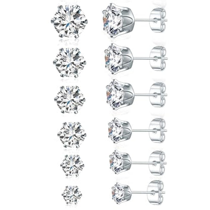 6 Pairs Cubic Zirconia Stud Earrings for Women/Men - Round Cut 4 Prong Settings 18K Gold Plated Hypoallergenic 3-8mm Clear Earrings Set - color: 3-8mm White Gold - Round 6 Prong
