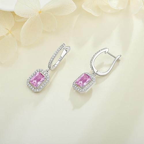 Women's Solitaire Dangle Drop Earrings 925 Sterling Silver Pure Square Huggie Earrings Hoop Dangle Drop Earrings Jewelry Gift - color: 10-pink tourmaline-Oct