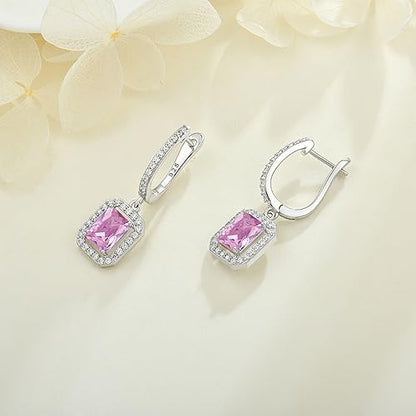 Women's Solitaire Dangle Drop Earrings 925 Sterling Silver Pure Square Huggie Earrings Hoop Dangle Drop Earrings Jewelry Gift - color: 10-pink tourmaline-Oct