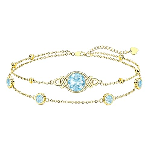 Midari 18K Gold Irish Infinity Celtic Knot Birthstone Layed Anklet Bracelet with 12 Months Birthstone Birthday Jewelry Gifts for Women Mom - color: 03-Aquamarine, size: Bracelet 7"-9"
