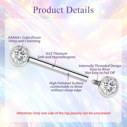 FUNLMO 2pcs Nipple Piercing Jewelry Titanium Nipple Rings Internally Threaded Tongue Rings Bridge Piercing Jewelry Nipple Barbells 14G 12-20mm - color: Silver,Clear CZ