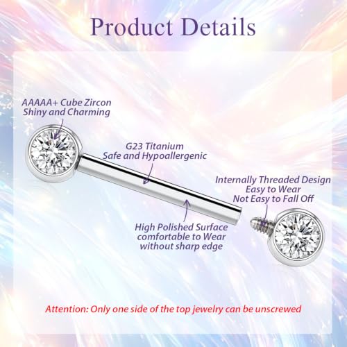 FUNLMO 2pcs Nipple Piercing Jewelry Titanium Nipple Rings Internally Threaded Tongue Rings Bridge Piercing Jewelry Nipple Barbells 14G 12-20mm - color: Silver,Clear CZ