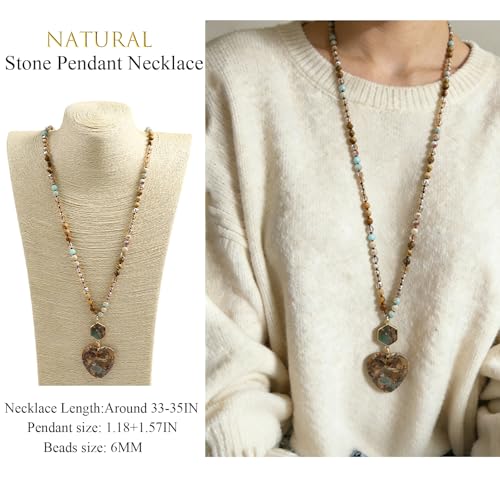 Yomisa Long Necklaces for Women Trendy, 33/34/35 inch | Boho Beaded Necklaces for Women, Natural Stone Pendant, Handmade Knotted Bead, Bohemian Holiday Summer Western Charm Jewelry - color: Love-Beige