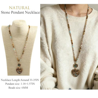 Yomisa Long Necklaces for Women Trendy, 33/34/35 inch | Boho Beaded Necklaces for Women, Natural Stone Pendant, Handmade Knotted Bead, Bohemian Holiday Summer Western Charm Jewelry - color: Love-Beige