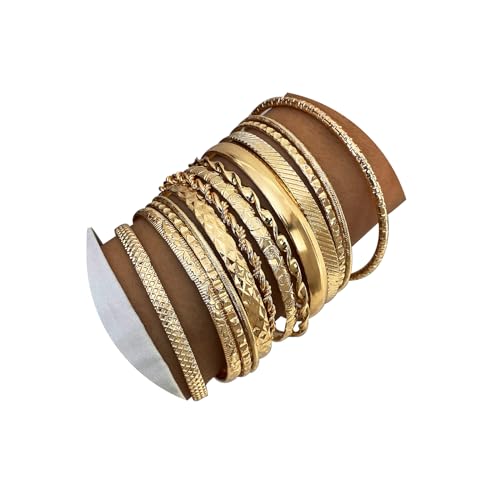 17IF Gold Bangle Bracelet For Women, 14k Multilayer Charm Textured Stackable Bracelets Boho Indian Chunky Cuff Fashion Jewelry Gift - style: 13 Pcs