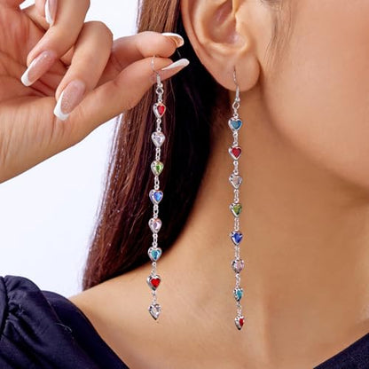 Sparkly Crystal Heart Long Chain Drop Earrings For Women Colorful Love Heart Tassel Statement Dangle Earrings Birthday Prom Jewelry Gifts - color: Silver