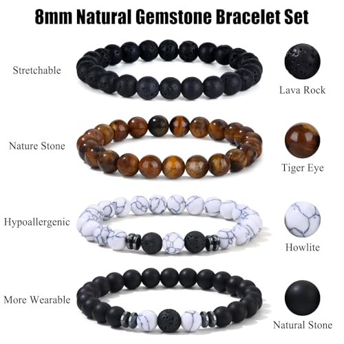 Giovanchi 4-12PCS Bracelets for Men, 8MM Mens Bracelets Lava Rock Black Obsidian Howlite Tiger Eye Beaded Natural Stone Bracelet Jewelry Gifts for Birthday Christmas - style: 4Pcs D
