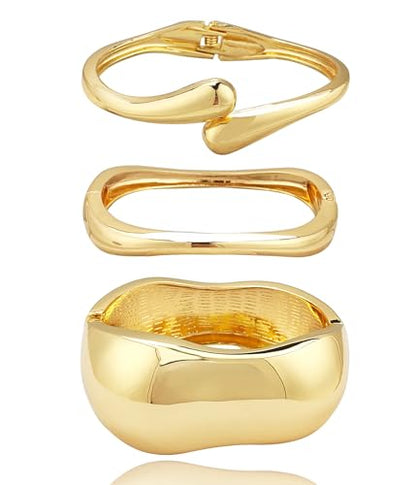 Chunky Gold Bangle Bracelets for Women, 14K Gold Plated Wide Cuff Bracelet | Stackable Open Cuff Bangles, Trendy Statement Jewelry Gift for Women - color: Gold-12
