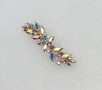 Faship Multicolors AB Rhinestone Crystal Small Floral Hair Barrette Clip - color: AB / Rose gold plated
