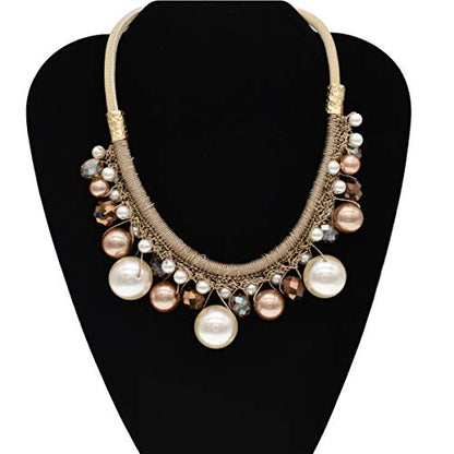 utop JNF Hand made Pearl Statement Necklace for Women Rhinestone Multilayer Crystal Necklaces Chunky Pearl Necklace Large Pearl Necklace and Earrings Set for Mother Mom's gift - color: champagne pearl necklace leather
