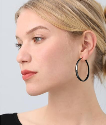 925 Sterling Silver Hoop Earrings Hypoallergenic Large Thin Hoops Earring | Lightweight Big Silver Hoops Hypoallergenic Large Hoop Earring for Women Sensitive Ears Oversize Hoops 30/40/50/60/70mm - color: 50mm Black