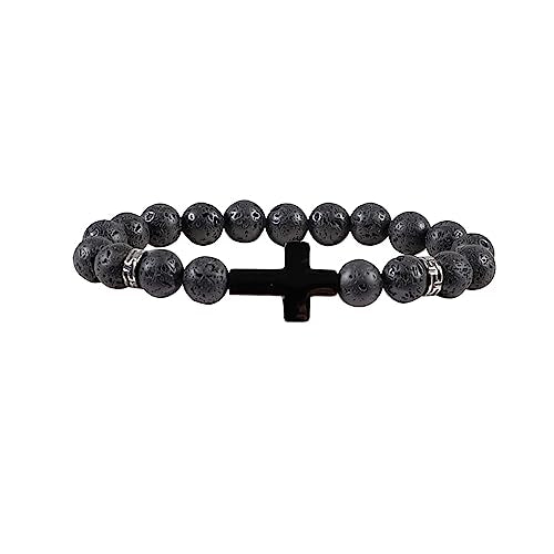 8mm Cross Beads Wooden Bracelet for Men Women Healing Lava Rock Stretch Bracelets Set - color: D: Cross Bracelet Lava Rock