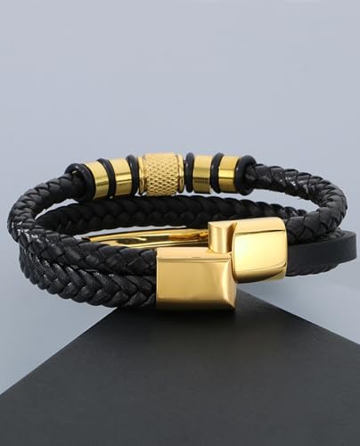 Italian Handmade Leather Bracelets for Men - color: Golden, size: 8.2"