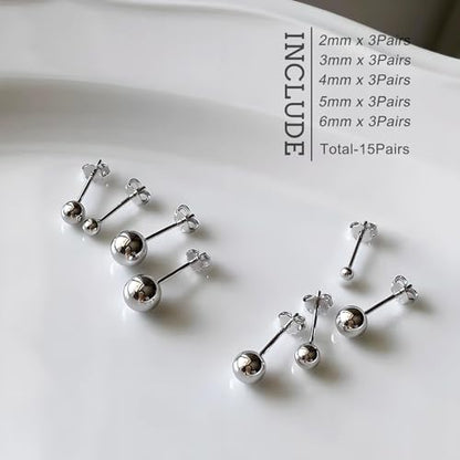 15 Pairs Surgical Steel Ball Stud Earrings Set | Fadeless, PVD Plating, Stainless Steel, Fadeless, Waterproof, High Polish, Hypoallergenic - color: Silver 15Pairs (2-6mm )