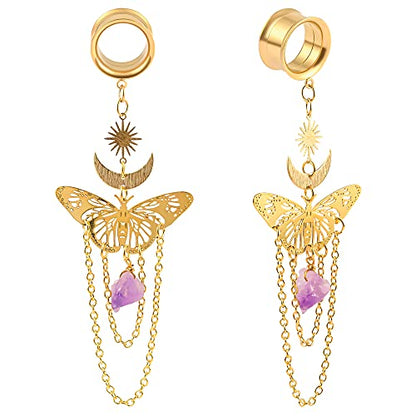 DOEARKO 2PCS New Butterfly-Pendant Hypoallergenic Stainless Steel Dangle Ear Plugs Tunnels Ear Gauges Stretcher Pair Selling 2g 0g Piercing Body Jewelry - color: Gold, size: 25mm
