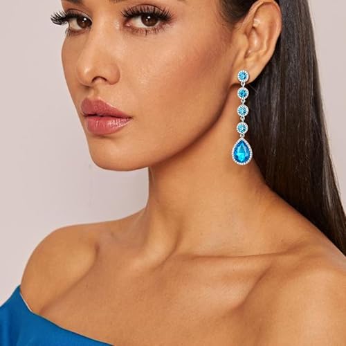 EleQueen Women's Wedding Crystal Teardrop Pear Shape 3 Inch Clip on Long Dangle Earrings for Bride Bridesmaid, Jewelry for Party Prom/Anniversary - color: Light Blue Silver-Tone