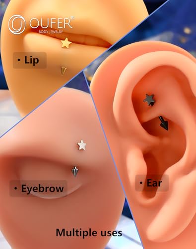 OUFER Rook Piercing Jewelry, G23 Solid Titanium Eyebrow Rings, Heart Vertical Labret Lip Jewelry, 16G Curved Barbells, Daith Rook Earrings for Women Men - color: Gold Black Silver Star, size: 16G 8mm