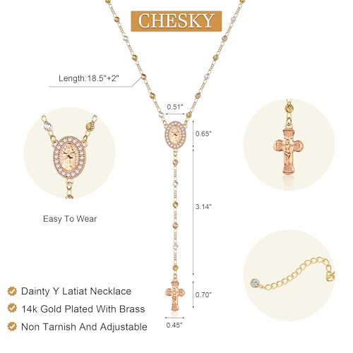 CHESKY Lariat Necklace for Women，14k Gold/Sliver Plated Layered Necklace | Gold/Sliver Long Necklace，Dainty Cross Pendant, Wedding Y-Shaped Drop Chain, Waterproof Jewelry Gift for Women Everyday Wear - style: CrossRosary