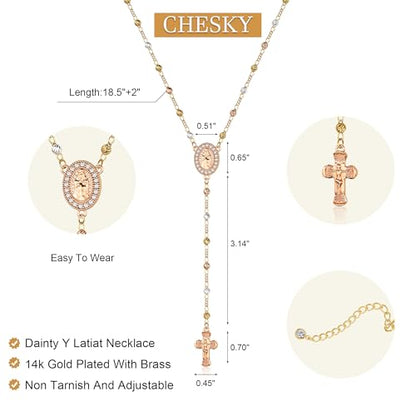 CHESKY Lariat Necklace for Women，14k Gold/Sliver Plated Layered Necklace | Gold/Sliver Long Necklace，Dainty Cross Pendant, Wedding Y-Shaped Drop Chain, Waterproof Jewelry Gift for Women Everyday Wear - style: CrossRosary