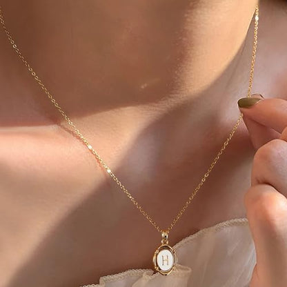 14K Gold Plated Initial Necklaces for Women, Letter Charm Pendant Necklace | Dainty Oval White Enamel Personalized Name Necklace, Trendy Jewelry with 16 inches Chain and 2 inches Extender - color: H