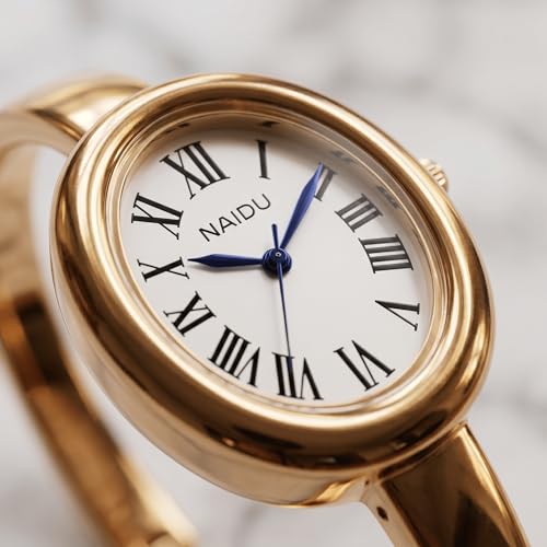 Women's Oval Bangle Watch, Elegant Open-Cuff Bracelet Wrist Watch with Roman Numeral Dial, Minimalist Luxury Fashion Quartz Watch for Ladies - color: Gold/White