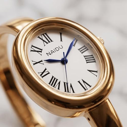 Women's Oval Bangle Watch, Elegant Open-Cuff Bracelet Wrist Watch with Roman Numeral Dial, Minimalist Luxury Fashion Quartz Watch for Ladies - color: Gold/White