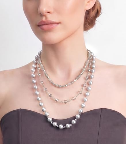 Noessla Layered Beaded Necklaces for Women - 3 Strand Boho Statement Choker Fashion Jewelry Gifts - color: Silver