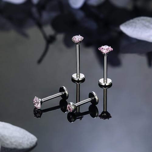 Titanium Flat Back Lip Rings Internally Threaded Earrings Studs Nose Rings 20G 18G 16G Round Heart Square CZ Tragus Cartilage Lobe Rook Helix Conch Labret Medusa Piercing Jewelry for Women Men - color: Pink CZ, size: 20G-6/8/10mm