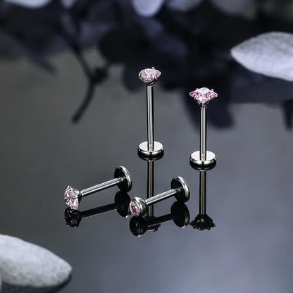 Titanium Flat Back Lip Rings Internally Threaded Earrings Studs Nose Rings 20G 18G 16G Round Heart Square CZ Tragus Cartilage Lobe Rook Helix Conch Labret Medusa Piercing Jewelry for Women Men - color: Pink CZ, size: 20G-6/8/10mm