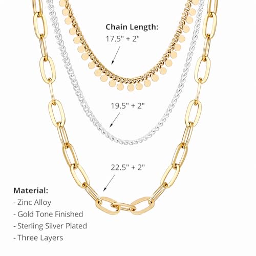COBI Two Tone Pendants Necklace for Women, 925 Silver Plated Layered Link Chain, 18K Gold Tone Finished Statement Necklace, Mixed Metal Jewelry, Trendy Fashion Necklace Gift for Her - style: Layered Chain