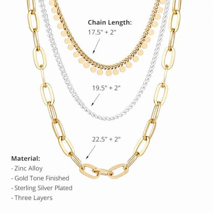 COBI Two Tone Pendants Necklace for Women, 925 Silver Plated Layered Link Chain, 18K Gold Tone Finished Statement Necklace, Mixed Metal Jewelry, Trendy Fashion Necklace Gift for Her - style: Layered Chain