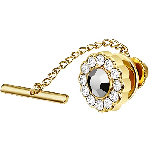 AMITER Crystal/Pearl Tie Tack with Chain, Gold Mens Tie Pin Necktie Pins Lapel Pin for Wedding Birthday Anniversary Party - color: 24k Gold+Grey Crystal