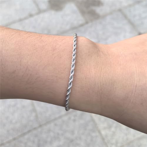 kelistom 18K Gold Silver Tone Rope Link Chain Bracelet for Women Men, 3mm 4mm Braided Rope Chain Bracelets, 7” 7.5” 8.3”, - size: 7.0", style: 3mm-silver