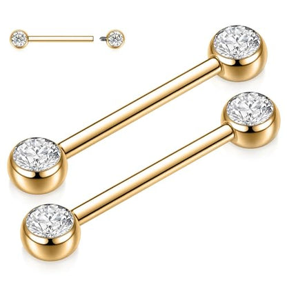 14G Nipple Rings Titanium Nipple Jewelry for Women Bridge Piercings | 1 Pair Nipple Bars,Hypoallergenic Nipple Barbells,Internally Threaded Nipple Piercings,Tongue Rings,Straight Barbells - color: Styele5:Clear CZ,Gold, size: 14G+9/16"(14mm)