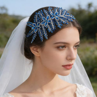 Teyglen Large Full Rhinestone Headband Flower Crystal Bride Wedding Headband Hair Vine Bridal Rhinestone Headpiece Wedding Hair Accessories for Women Party Prom (Peacock blue) - color: Peacock blue