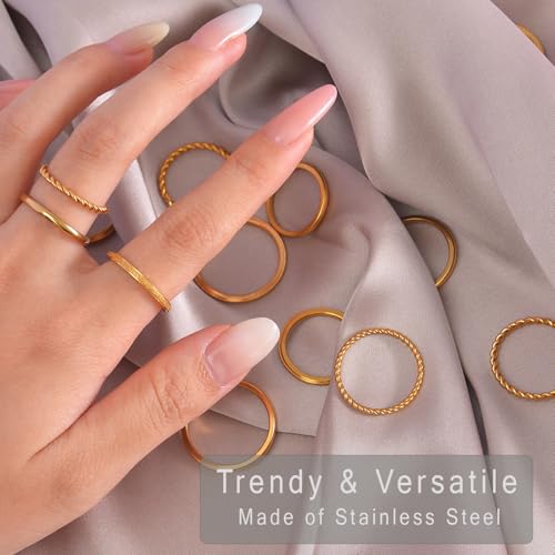 2mm 18Pcs No Tarnish Stainless Steel Thin Rings | PVD Gold Plated, Fadeless, Waterproof, High Polish, Hypoallergenic - color: 18K Gold Plated