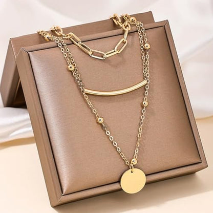 14K Gold Layered Necklaces for Women Trendy Small Bead Tube Polish Coin Pendant Choker Paperclip Chain Necklace Statement Accessory Jewelry Set Gift