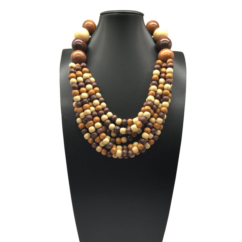 COLORFUL BLING Boho African Wooden Beaded Strands Necklace Ethnic Layered Chunky Collar Choker Wood Necklace for Women Hip Hop Statement Jewelry - color: coffee