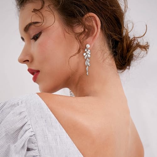 Crysdue Simulated Pearl Earrings for Women, Dainty Silver/Gold/Rose Gold Plated Cubic Zirconia Drop Dangle Earrings Wedding Jewelry for Bride Bridesmaid - style: U_Clip on_Pearl, Silver
