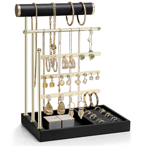 VLANDO Jewelry Stand Organizer with Ring Holder Tray, Necklace and Earring Storage for Bracelets, Watches and Rings, PU Leather Covered Wooden Tray with Gold Metal Frame - Black - color: Black