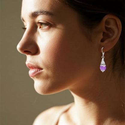 Natural 10mm Stone Beads Drop Earrings,Retro Silver Round Quartz Crystal Gemstone Beads Dangle Earrings for Women - color: A03_Purple Quartz Jasper